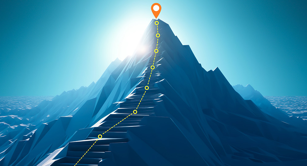 Mountain with check points to depict IQX's Mission for our people