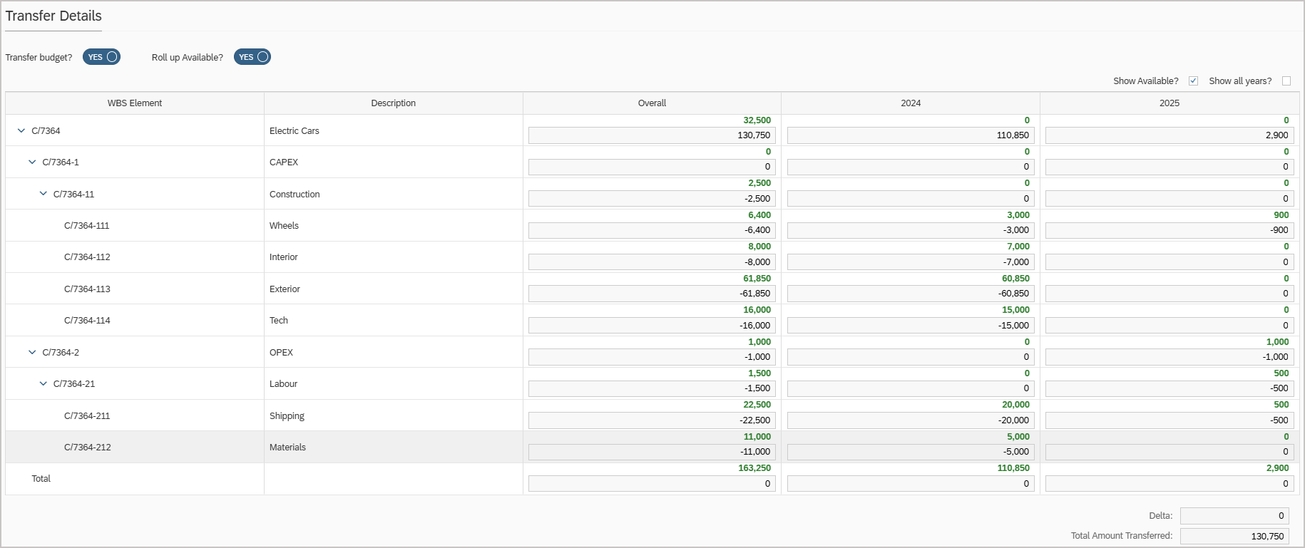 Transfer Details - SAP Project Budget Transfer