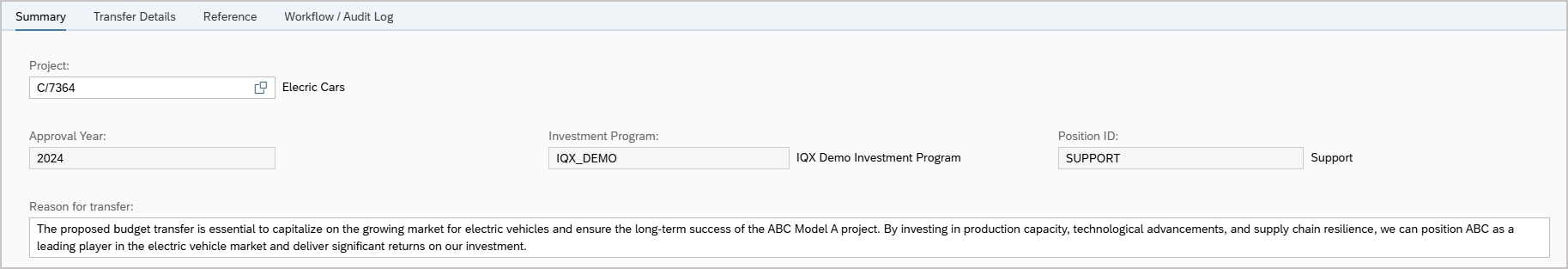 Summary Section - SAP Project Budget Transfer